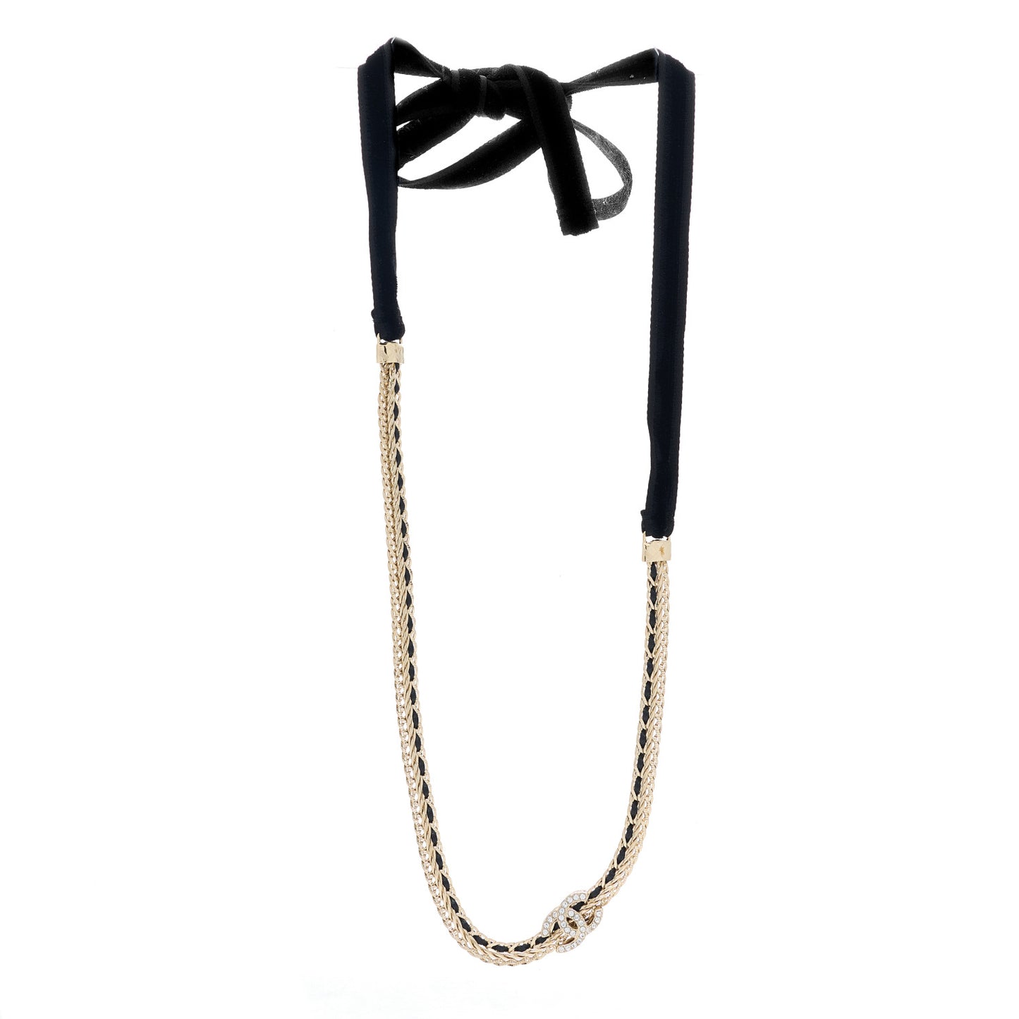 Metal Lambskin Crystal CC Chain Tie Headband Gold Black