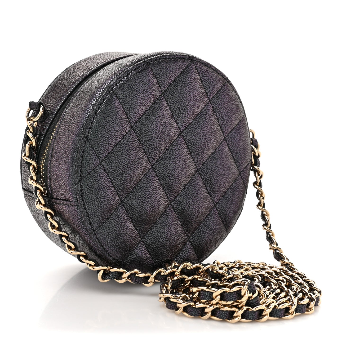 Iridescent Caviar Quilted Round Clutch With Chain Black
