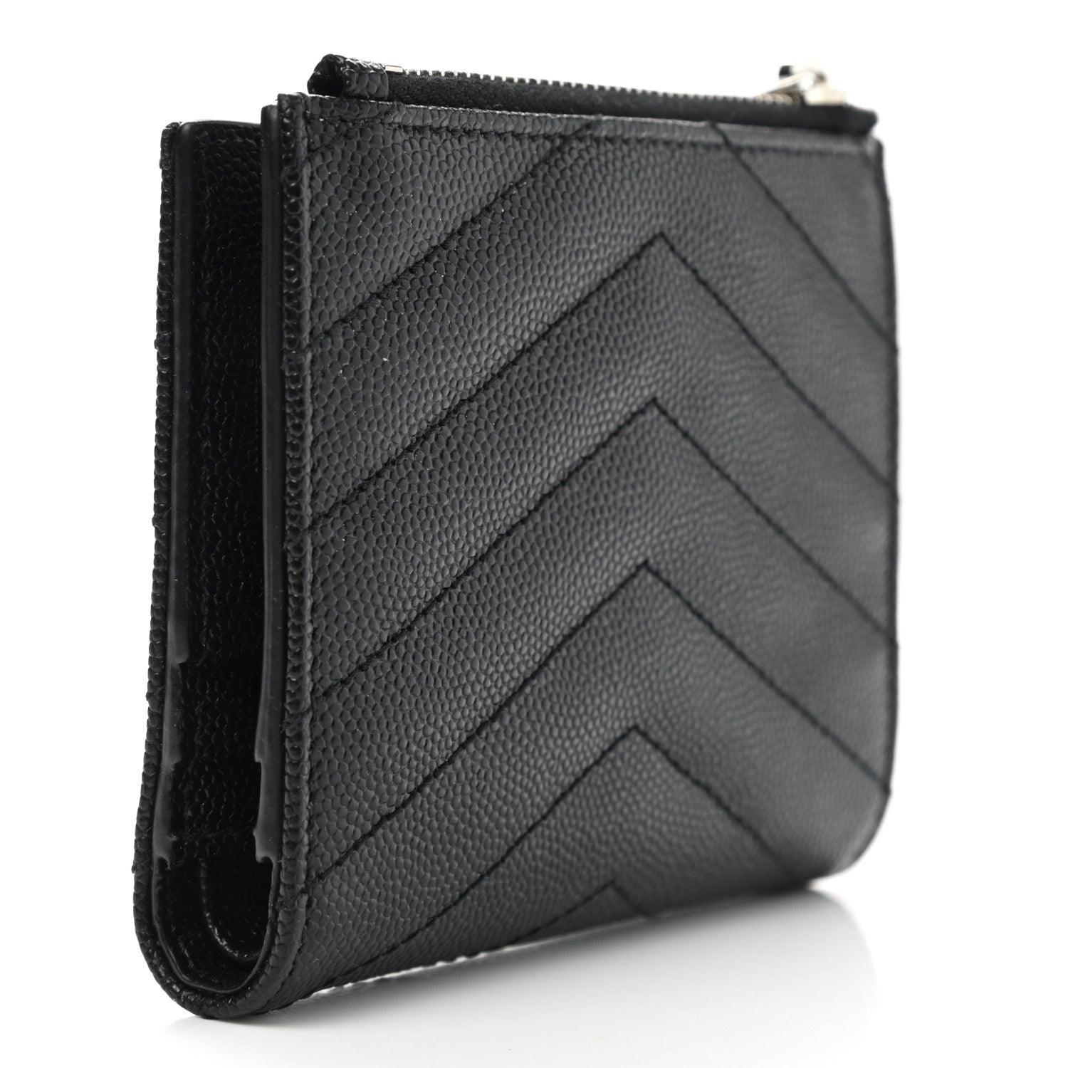 Saint Laurent Grain De Poudre Matelasse Chevron Monogram Zipped Card Case Black 3 of 8