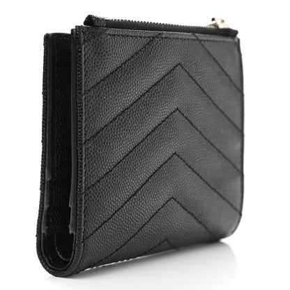 Saint Laurent Grain De Poudre Matelasse Chevron Monogram Zipped Card Case Black 3 of 8