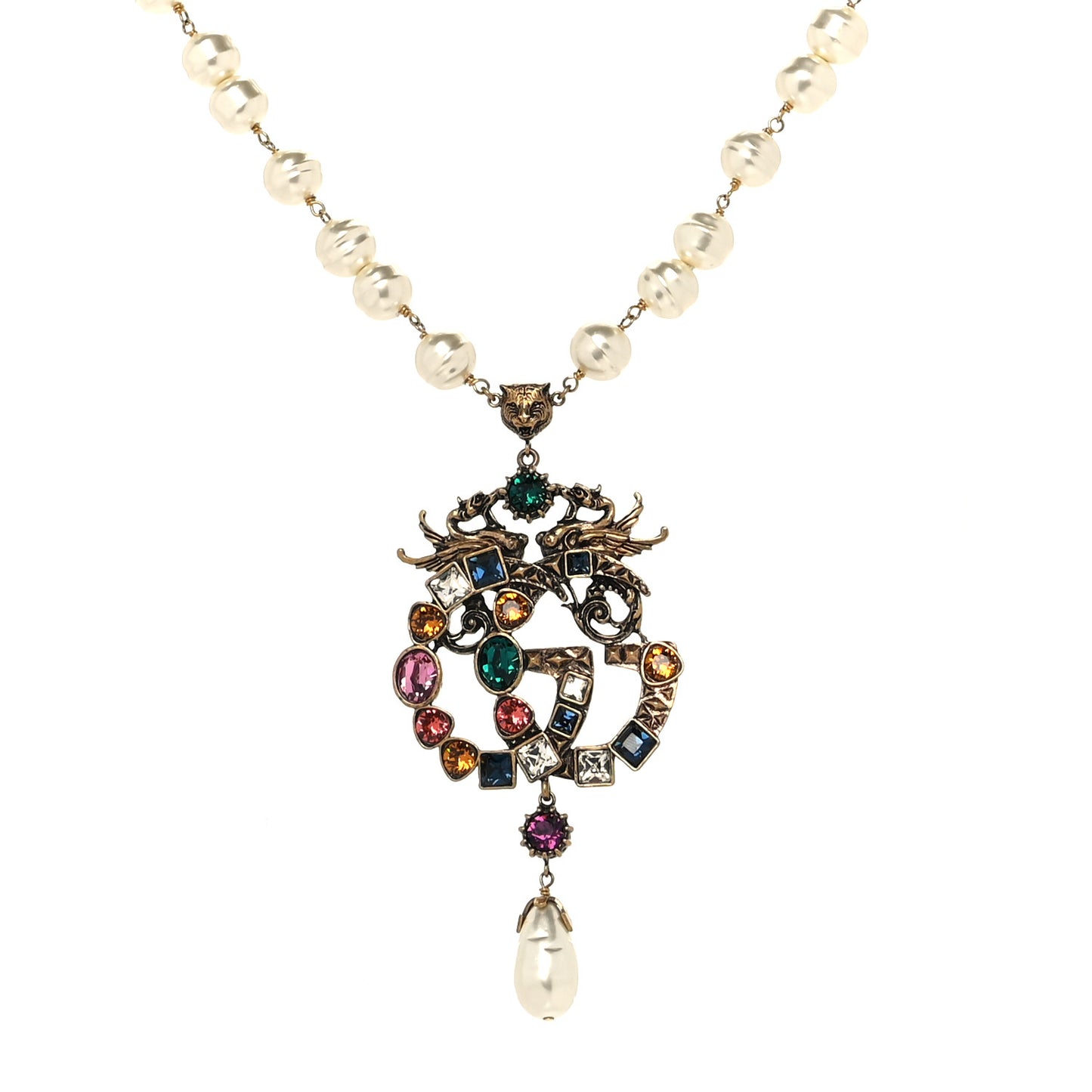 Crystal Pearl Marmont Dragon Necklace Aged Gold Multicolor