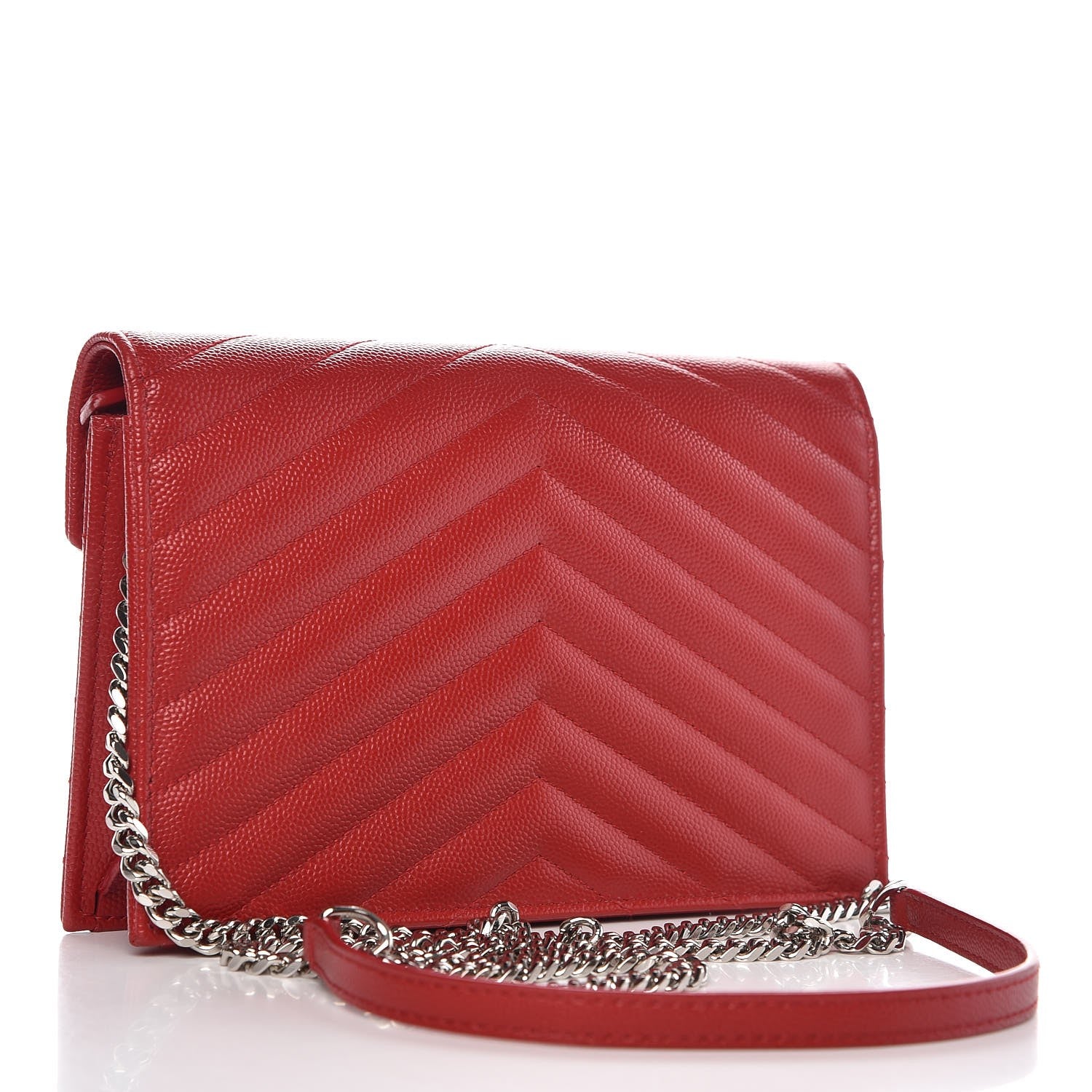 Saint Laurent Grain De Poudre Matelasse Chevron Monogram Envelope Chain Wallet New Red 3 of 7