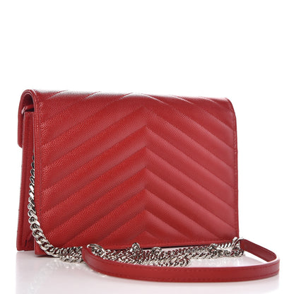 Saint Laurent Grain De Poudre Matelasse Chevron Monogram Envelope Chain Wallet New Red 3 of 7