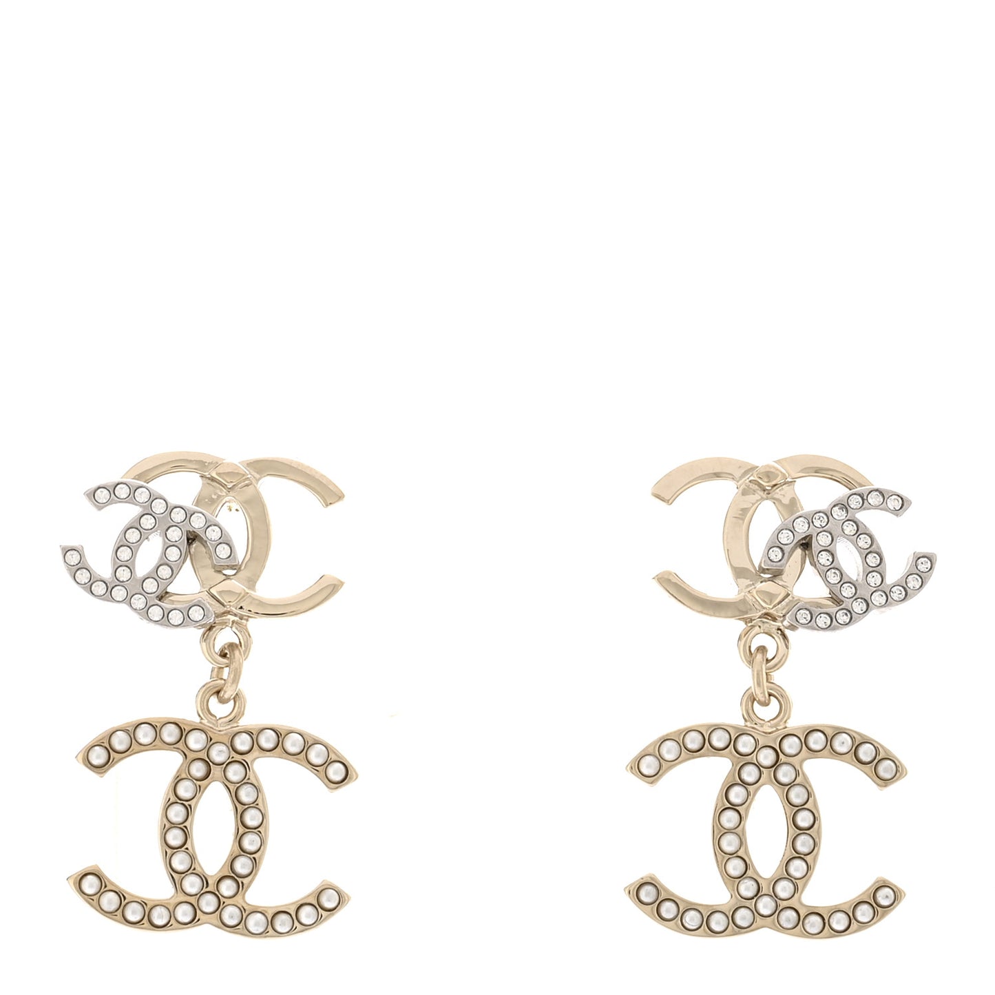 Crystal Pearl Double CC Drop Earrings Gold Silver