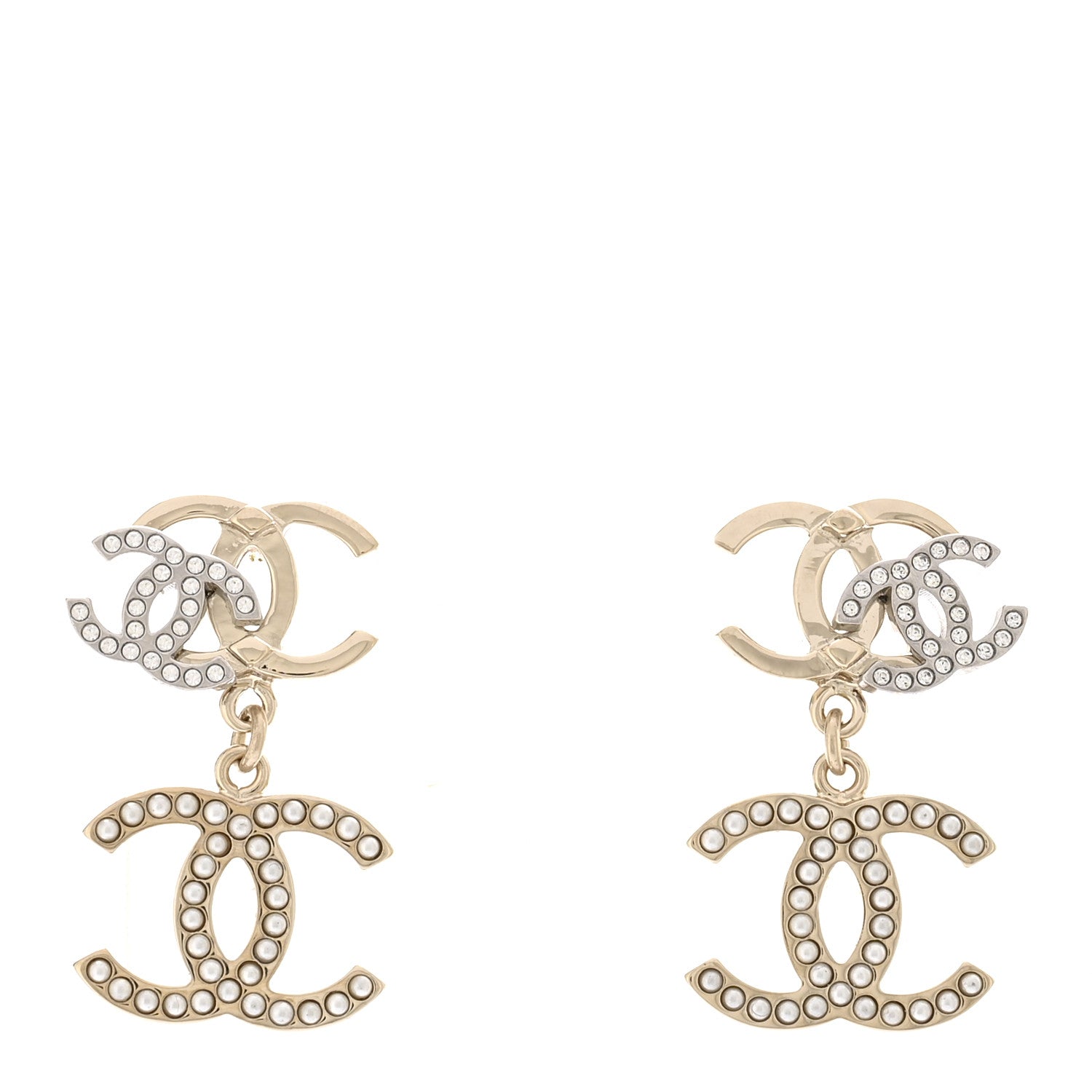 Chanel Crystal Pearl Double CC Drop Earrings Gold Silver 1 of 5