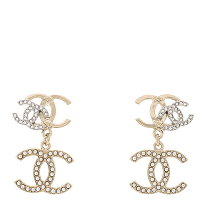 Chanel Crystal Pearl Double CC Drop Earrings Gold Silver 1 of 5