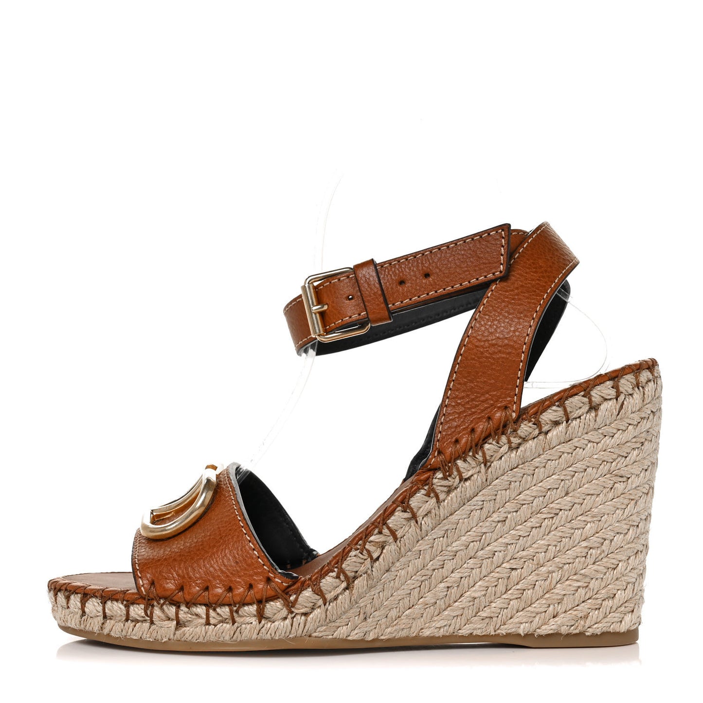 Grainy Cowhide VLogo Ankle Wrap Espadrille Wedge Sandals 40 Cuoio