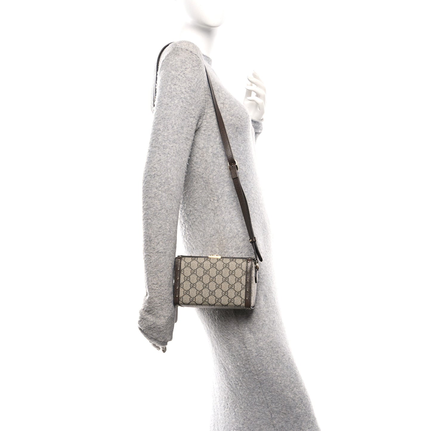 GG Supreme Monogram Textured Dollar Calfskin Mini Trunk Shoulder Bag Beige Ebony New Acero