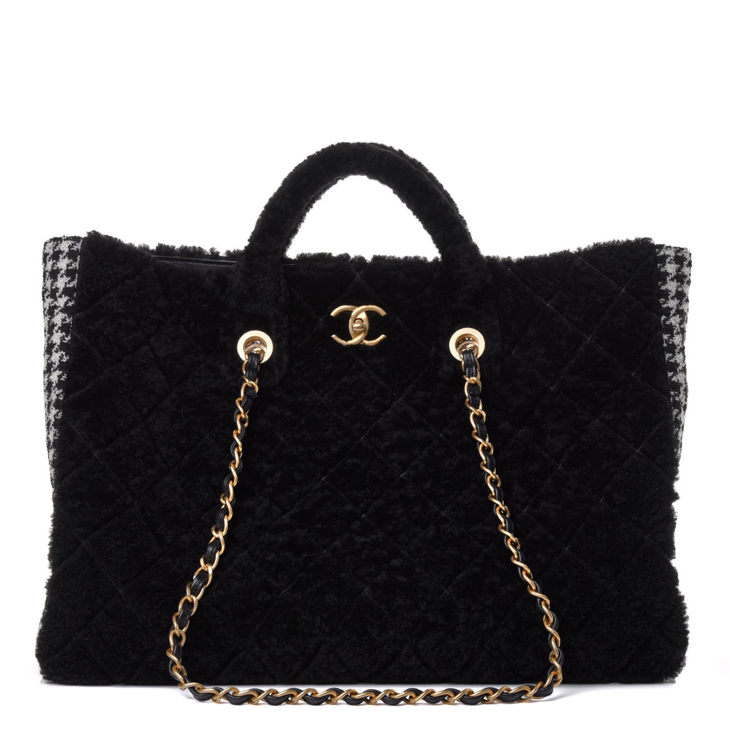 Shearling Tweed Shopper Tote Black