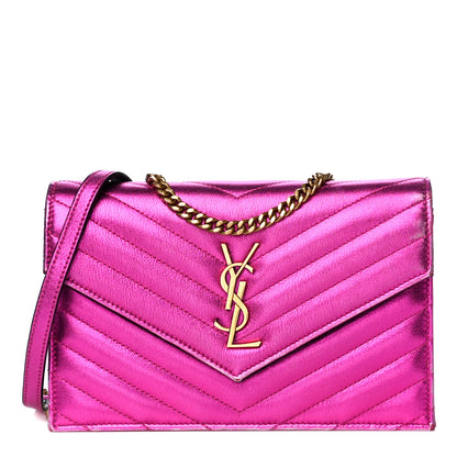 Saint Laurent Metallic Calfskin Matelasse Chevron Monogram Envelope Chain Wallet Fuchsia 1 of 15