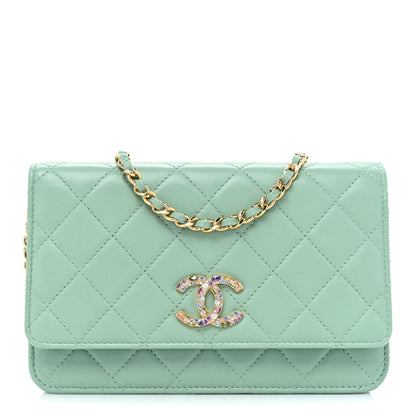 Chanel Lambskin Quilted Zirconium Wallet On Chain WOC Light Green 1 of 11