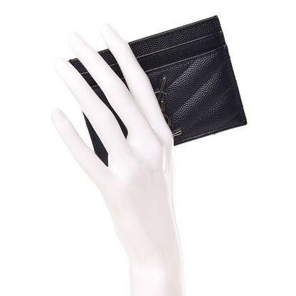 Saint Laurent Grain De Poudre Matelasse Monogram Chevron Credit Card Case Deep Marine 2 of 8