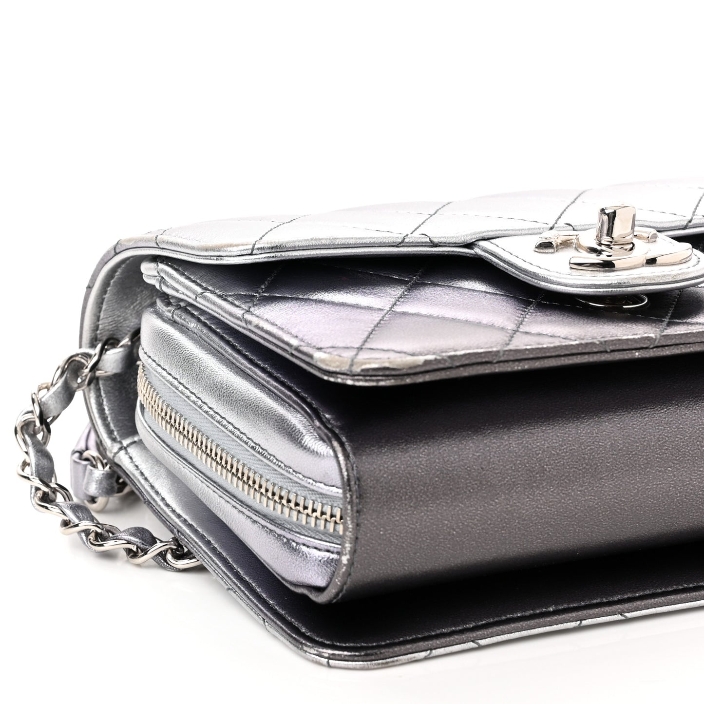 Metallic Lambskin Like A Wallet Flap Silvery Black