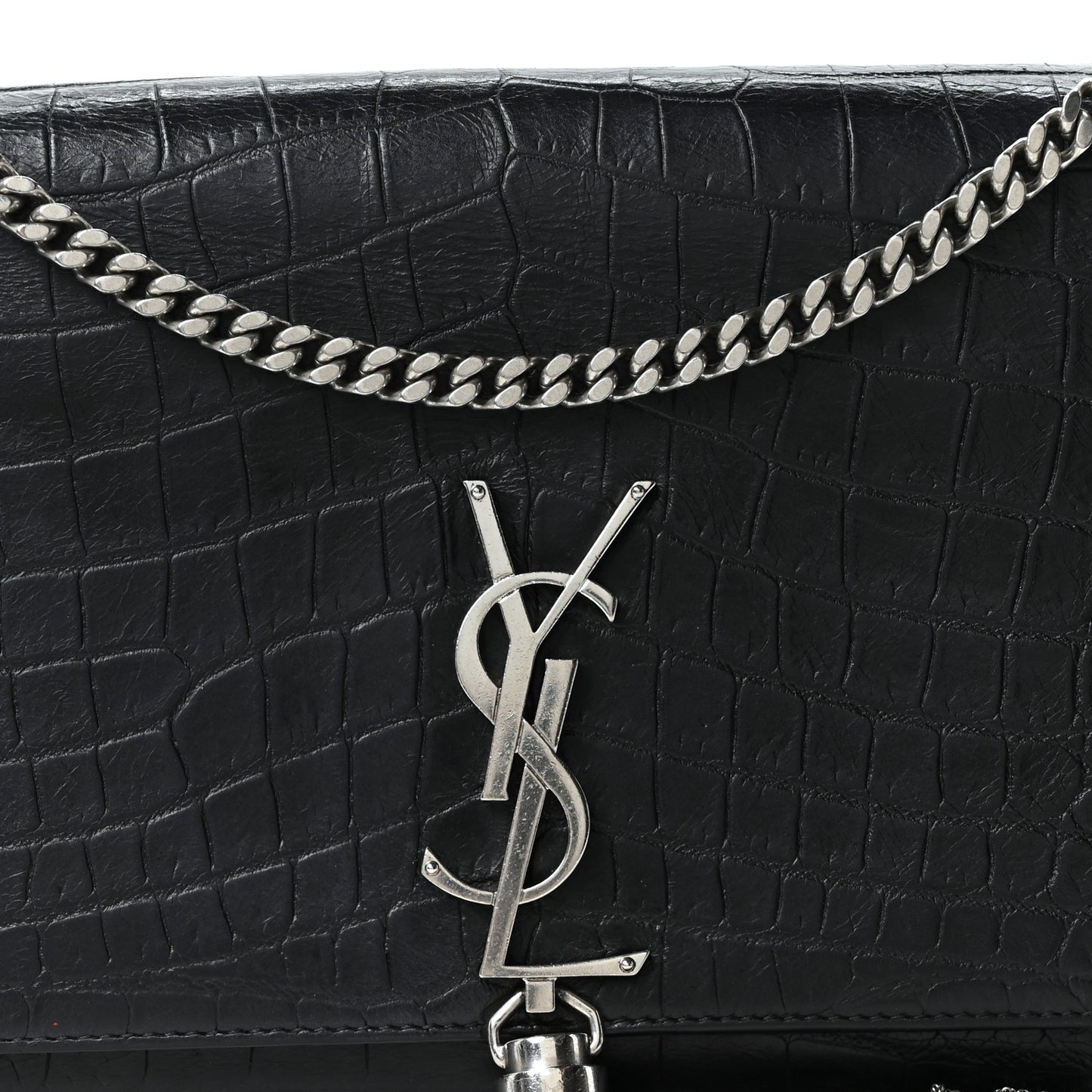 Calfskin Crocodile Embossed Medium Classic Monogram Kate Tassel Satchel Black