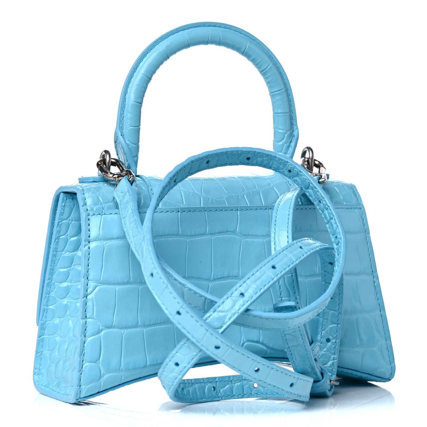 Shiny Calfskin Crocodile Embossed Hourglass Top Handle Bag XS Azur
