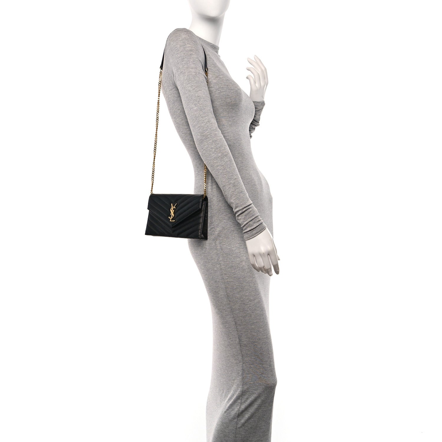 Saint Laurent Grain De Poudre Matelasse Chevron Monogram Envelope Chain Wallet Black 2 of 9
