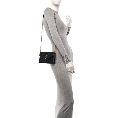 Saint Laurent Grain De Poudre Matelasse Chevron Monogram Envelope Chain Wallet Black 2 of 9