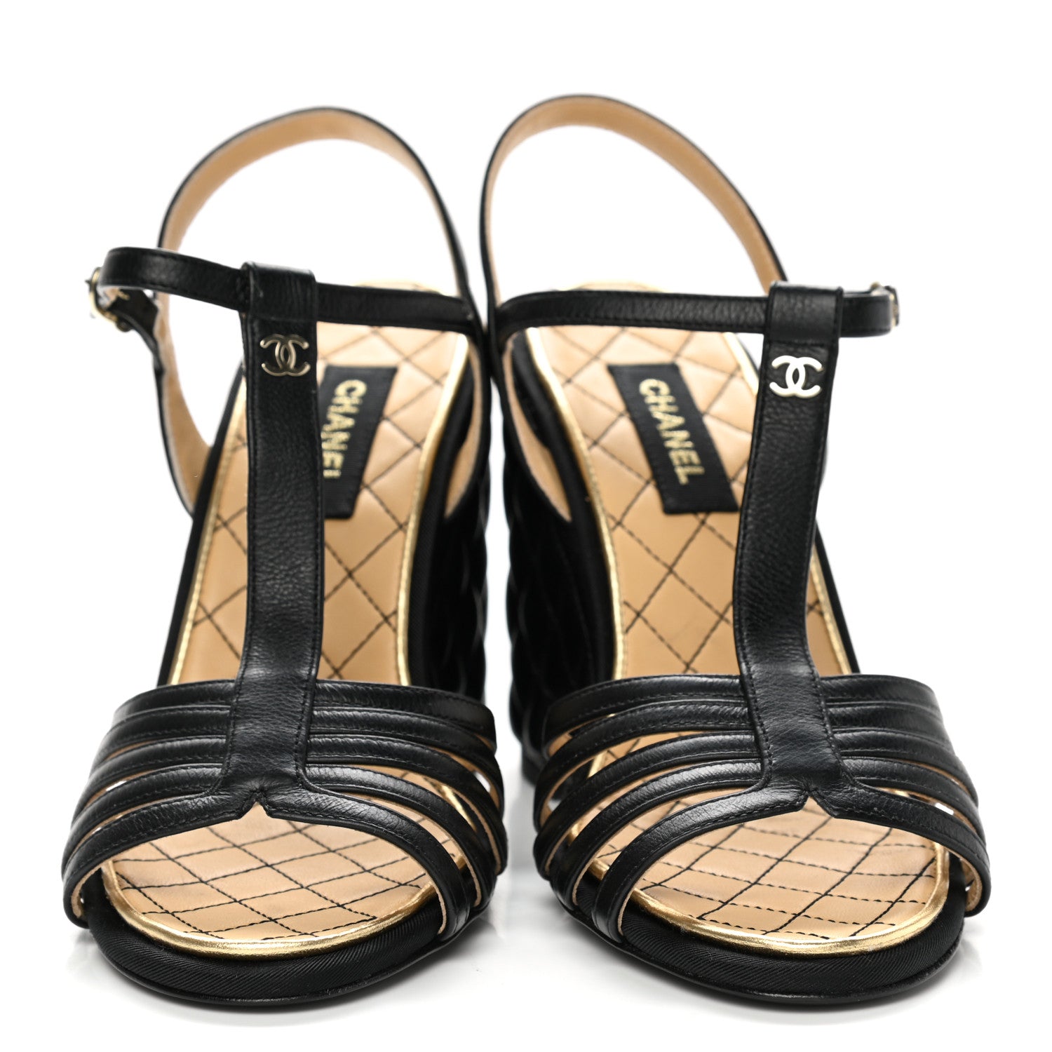 Chanel Grained Calfskin Quilted Wedge Sandals 38 Black 2 of 9