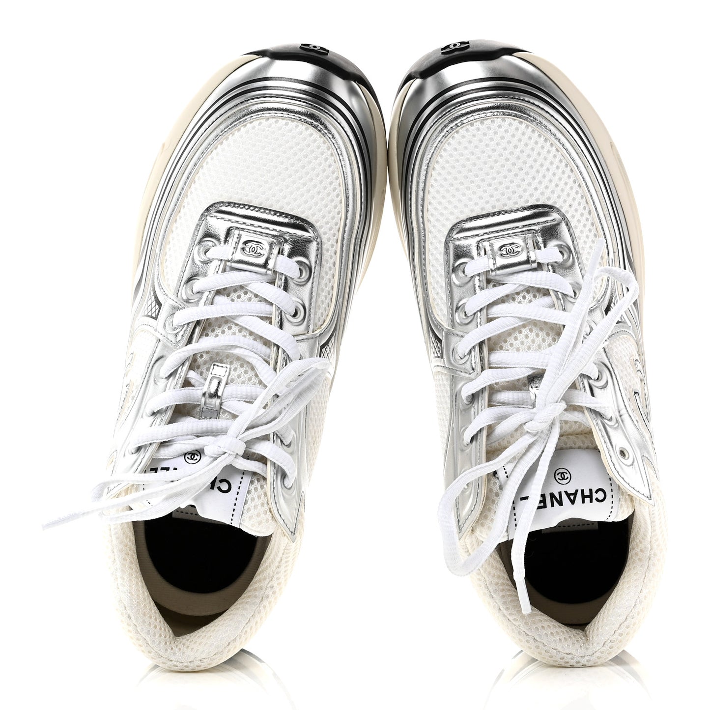 Fabric Laminated Calfskin Stretch CC Womens Sneakers 38 White Silver