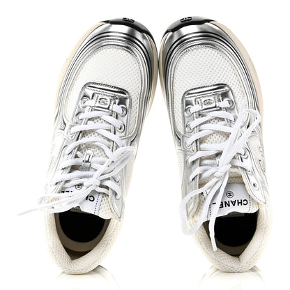 Chanel Fabric Laminated Calfskin Stretch CC Womens Sneakers 38 White Silver 2 of 9