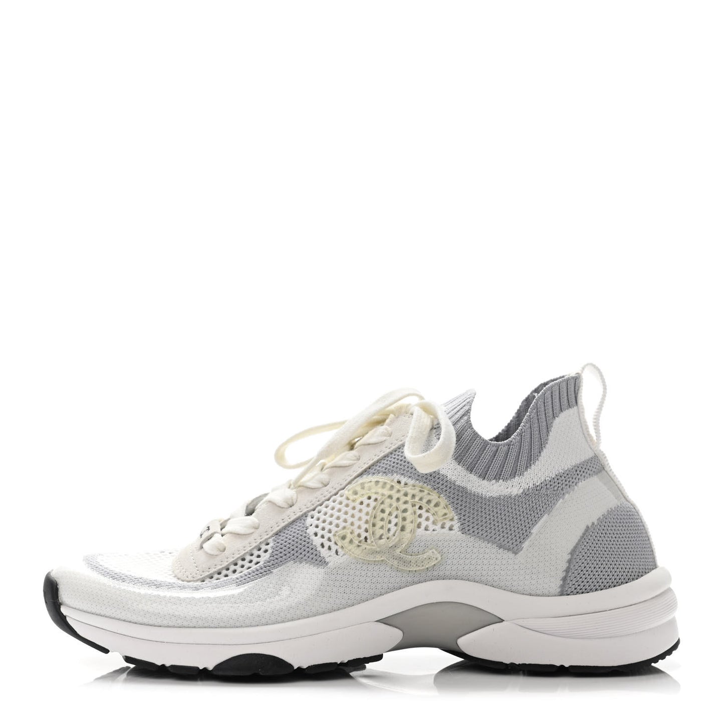 Fabric Suede Calfskin Stretch CC Sneakers 38.5 White Grey