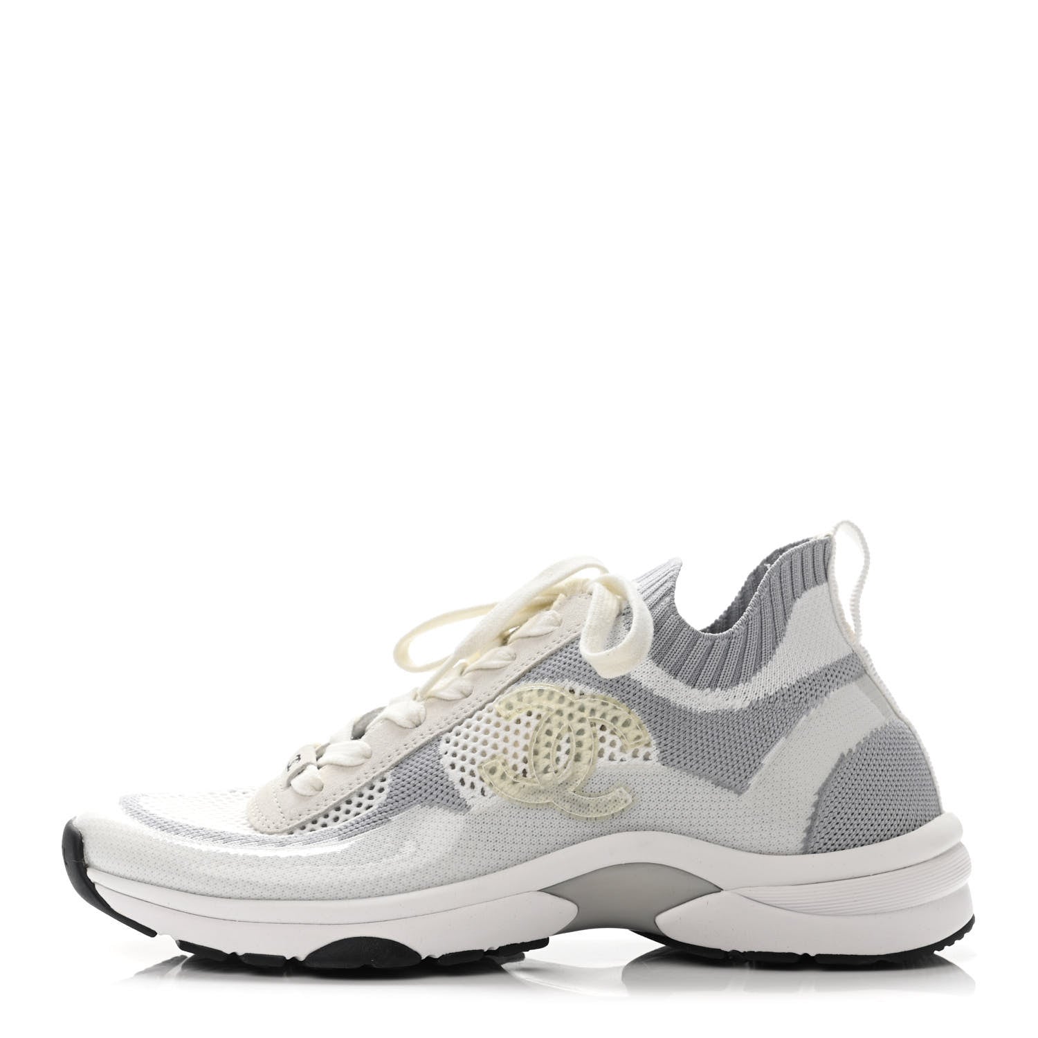 Chanel Fabric Suede Calfskin Stretch CC Sneakers 38.5 White Grey 1 of 4