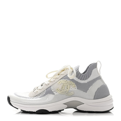 Chanel Fabric Suede Calfskin Stretch CC Sneakers 38.5 White Grey 1 of 4