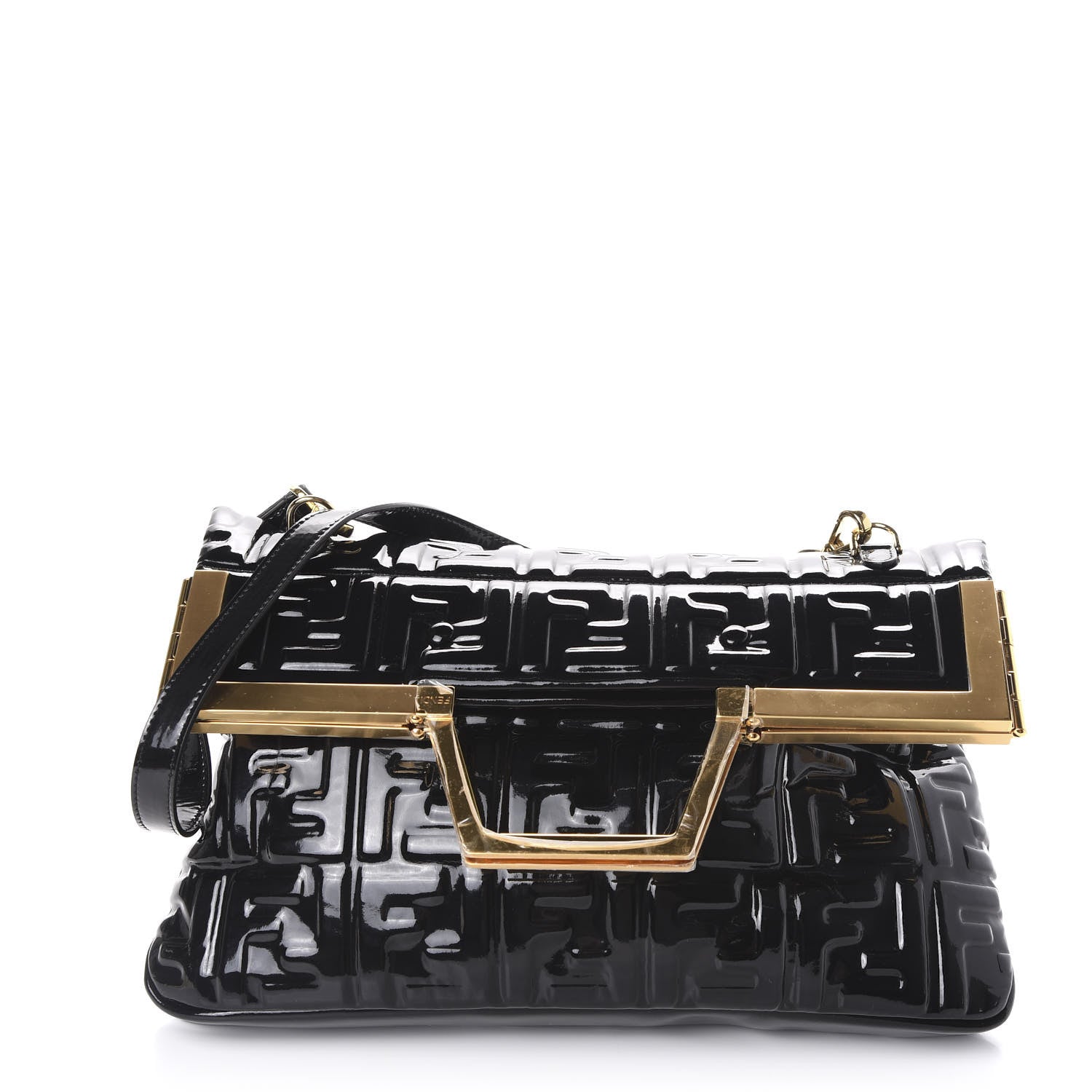 Fendi Patent FF 1974 Embossed Medium Shopping Flap Bag Black 1 of 9