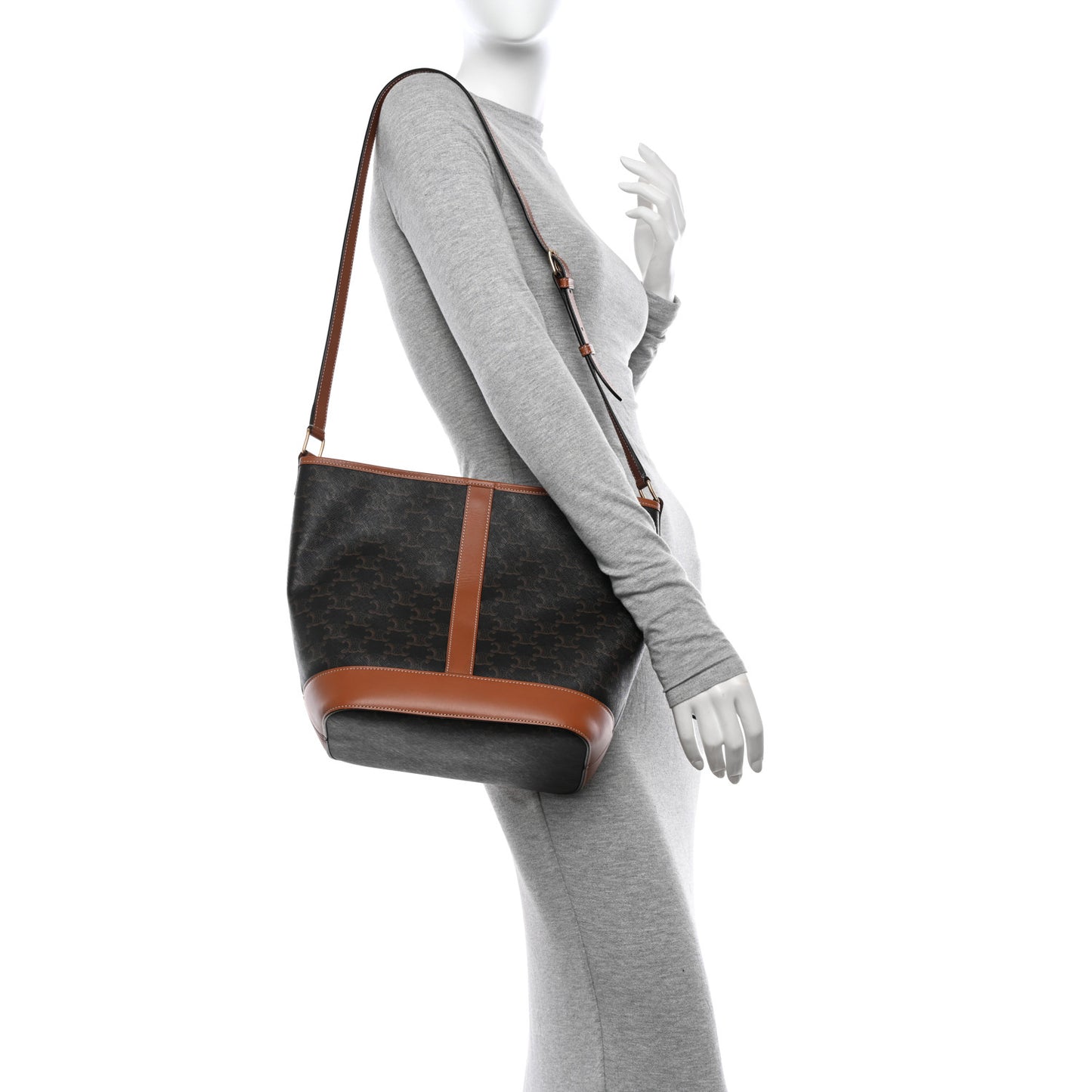 Triomphe Canvas Calfskin Medium Bucket Bag Tan