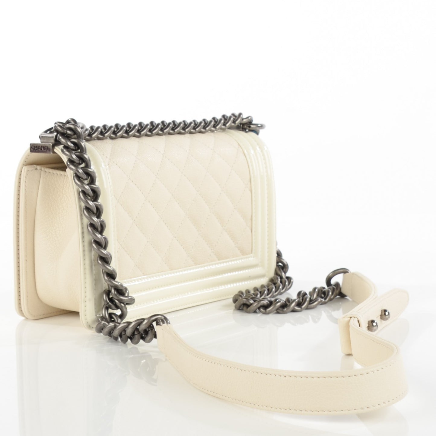 Goatskin Quilted Patent Small Duo Boy Flap White