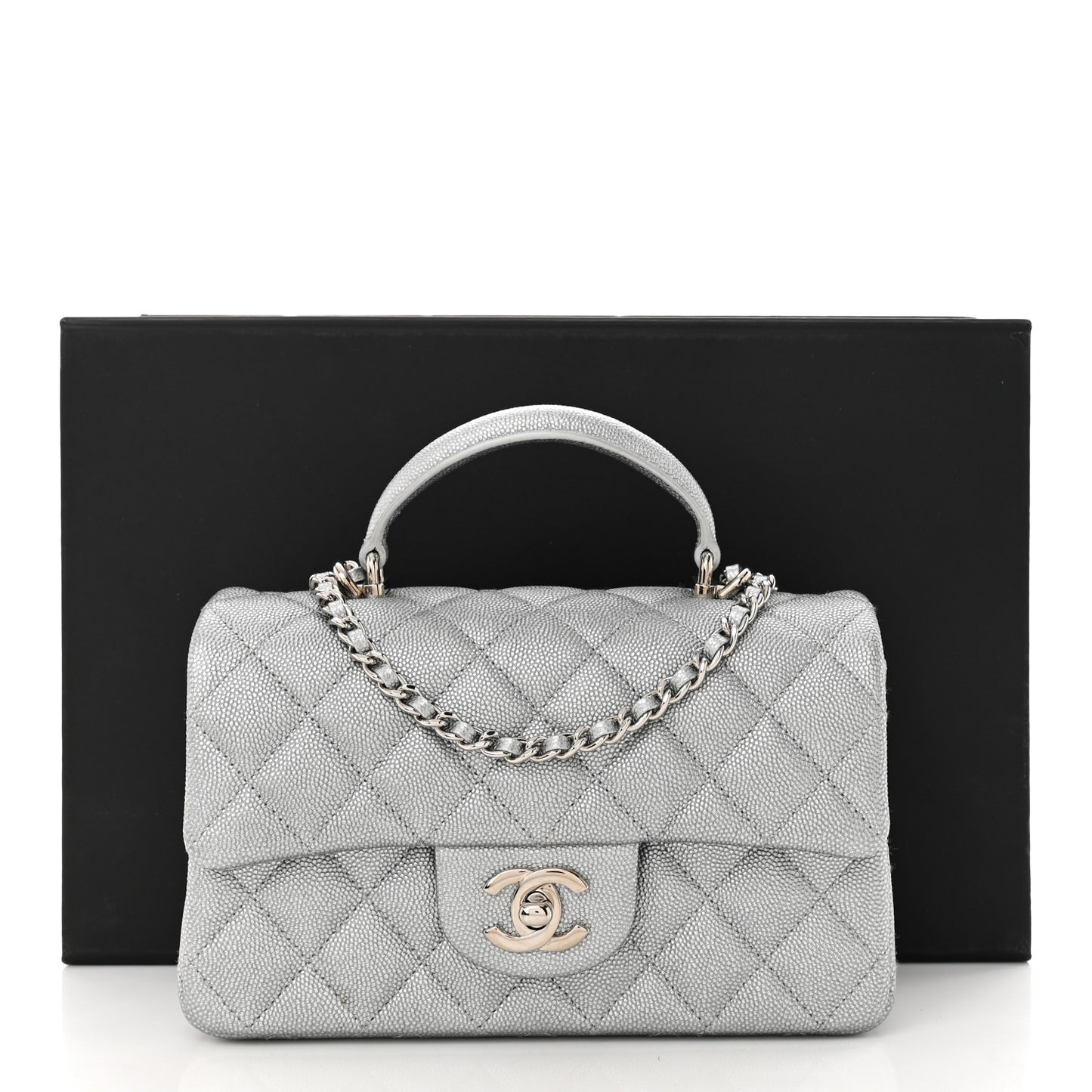 Metallic Caviar Quilted Mini Top Handle Rectangular Flap Silver
