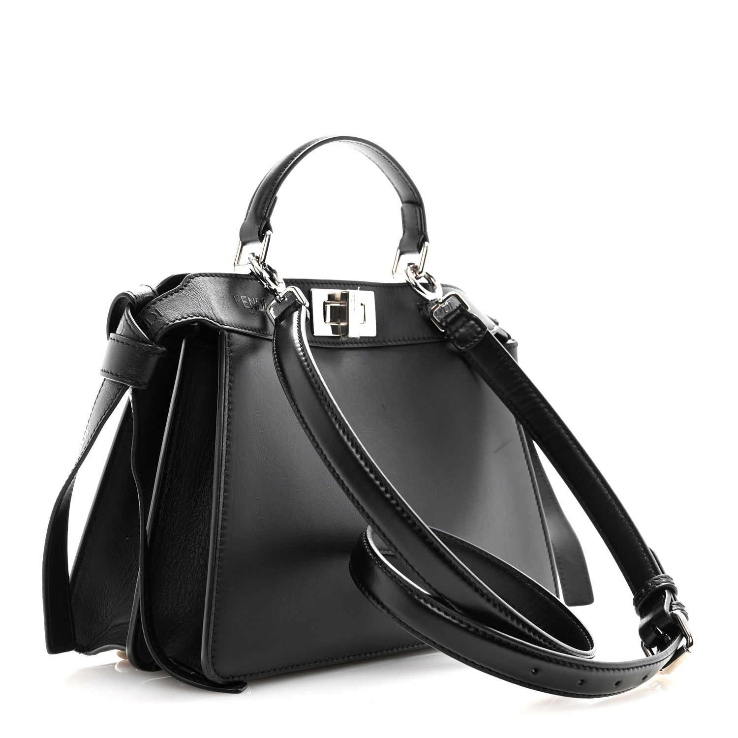 Fendi Vitello Seta Shiny Nappa Logo Embossed Laces Small Peekaboo I SEE U Satchel Black 3 of 13