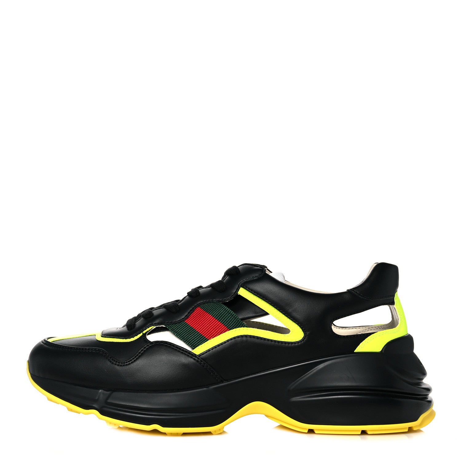 Gucci Demetra Web Mens Rhyton Cut Out Sneakers 9 Black Yellow Fluo 1 of 8