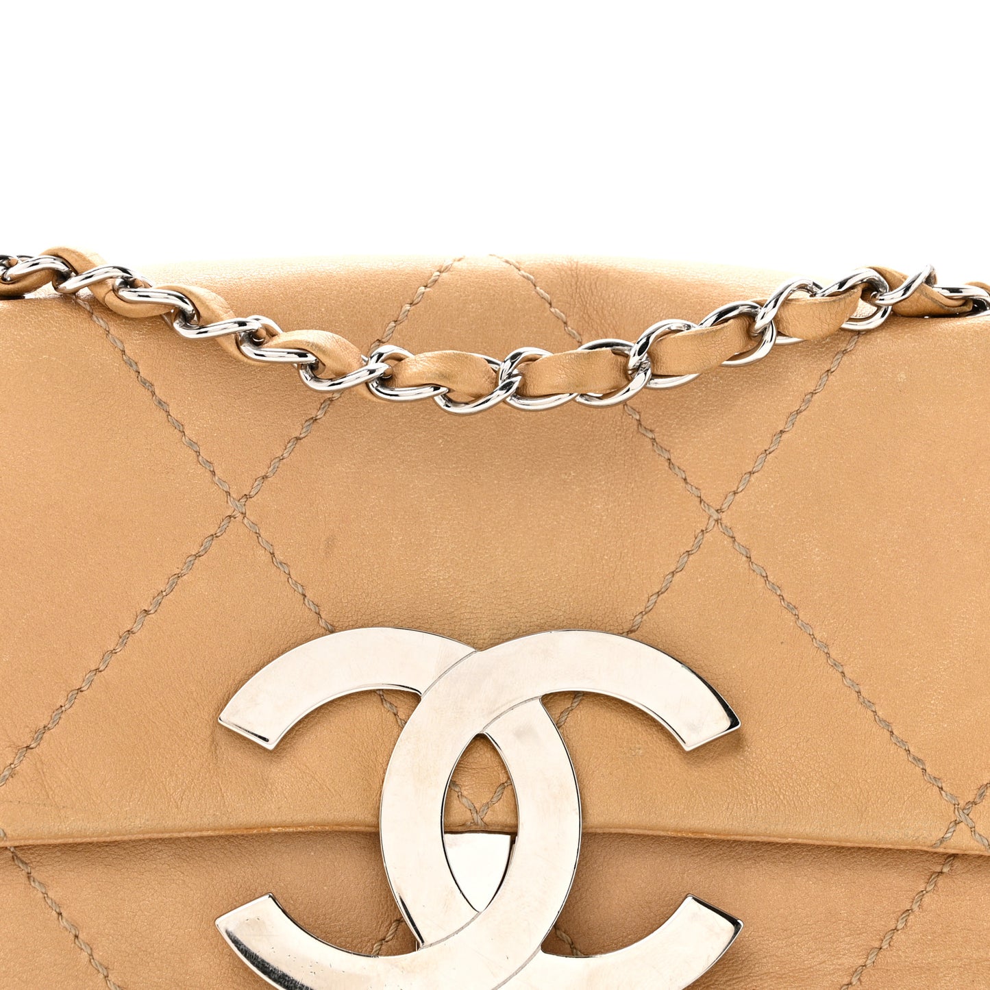 Lambskin Diamond Stitched CC CC East West Flap Beige