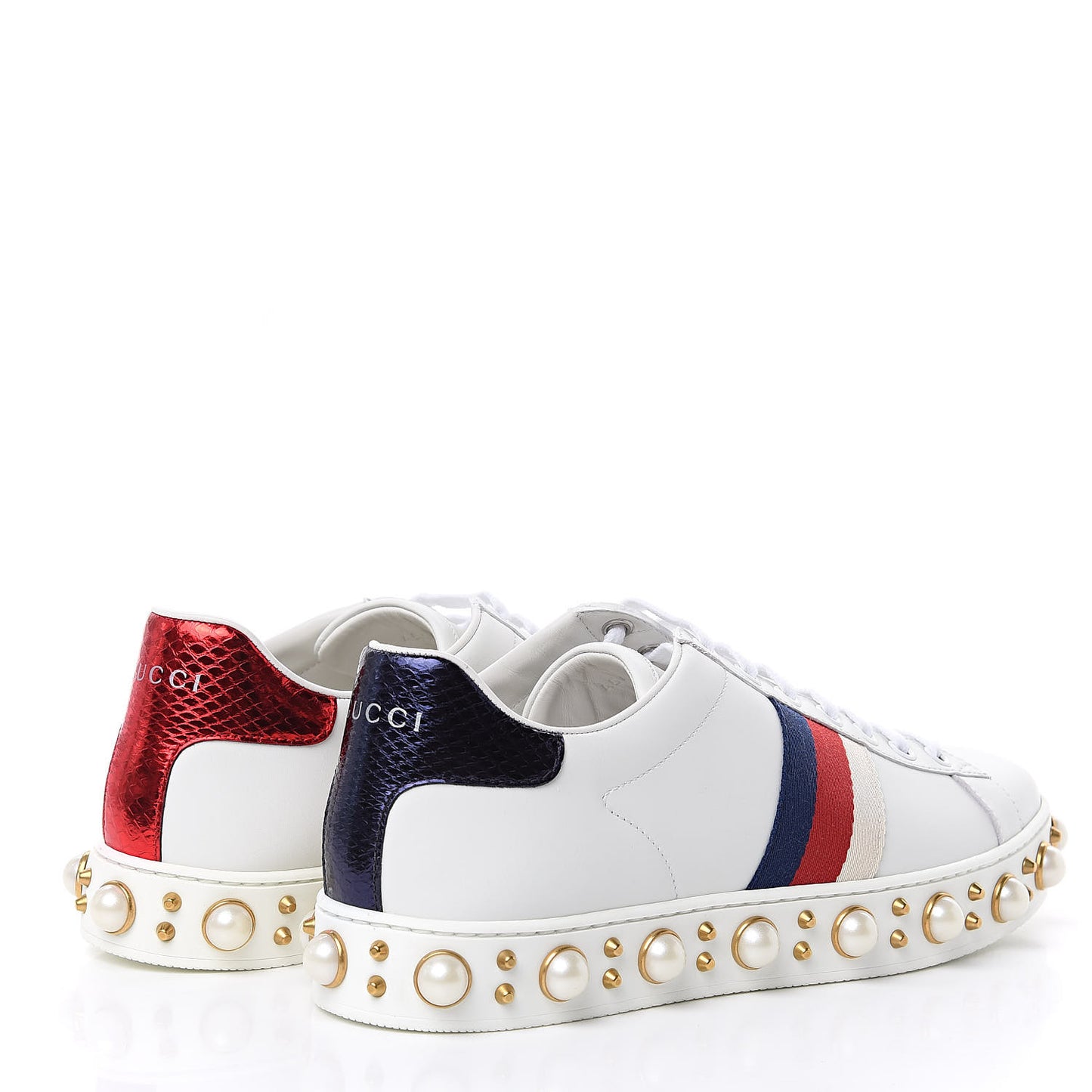 Calfskin Ayers Web Pearl Studded Womens Ace Sneakers 38 White