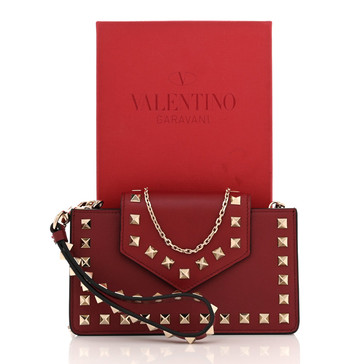 Calfskin Rockstud Phone Case With Chain Rubino