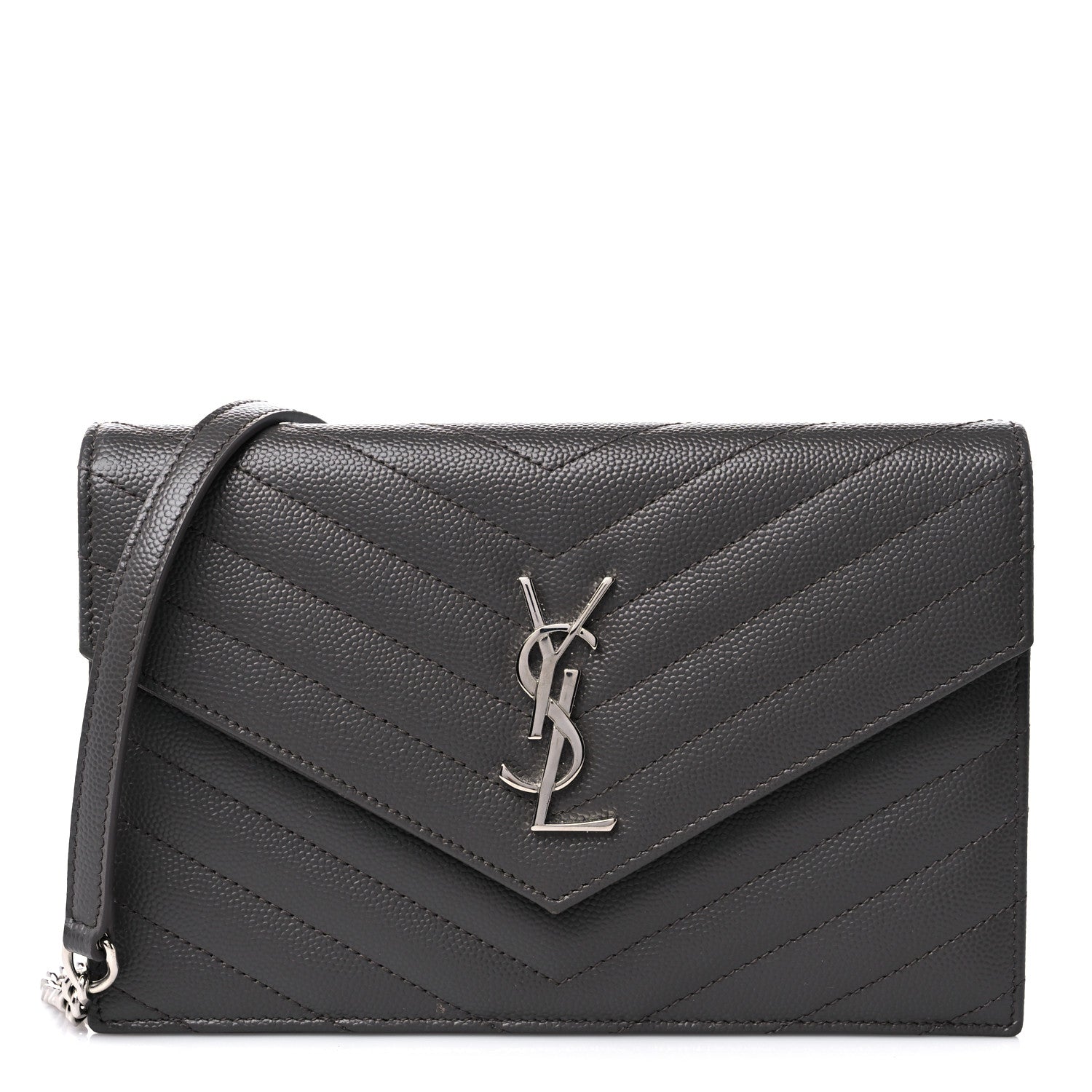 Saint Laurent Grain De Poudre Matelasse Chevron Monogram Envelope Chain Wallet Gray 1 of 13