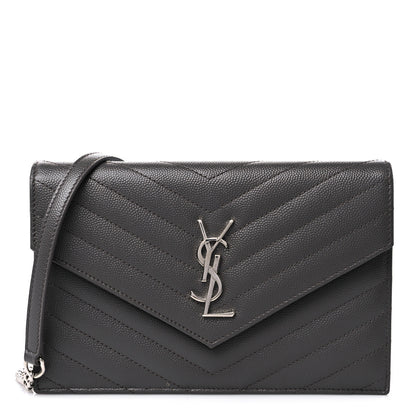 Saint Laurent Grain De Poudre Matelasse Chevron Monogram Envelope Chain Wallet Gray 1 of 13
