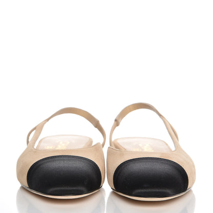 Chanel Suede Satin Cap Toe CC Slingback Sandals 35 Beige Black 2 of 8