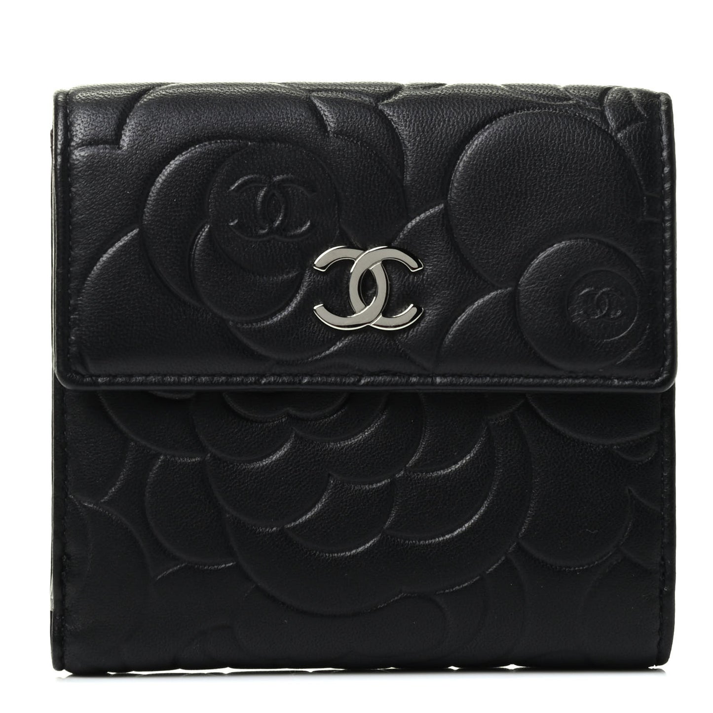 Lambskin Camellia Embossed Small Double Wallet Black
