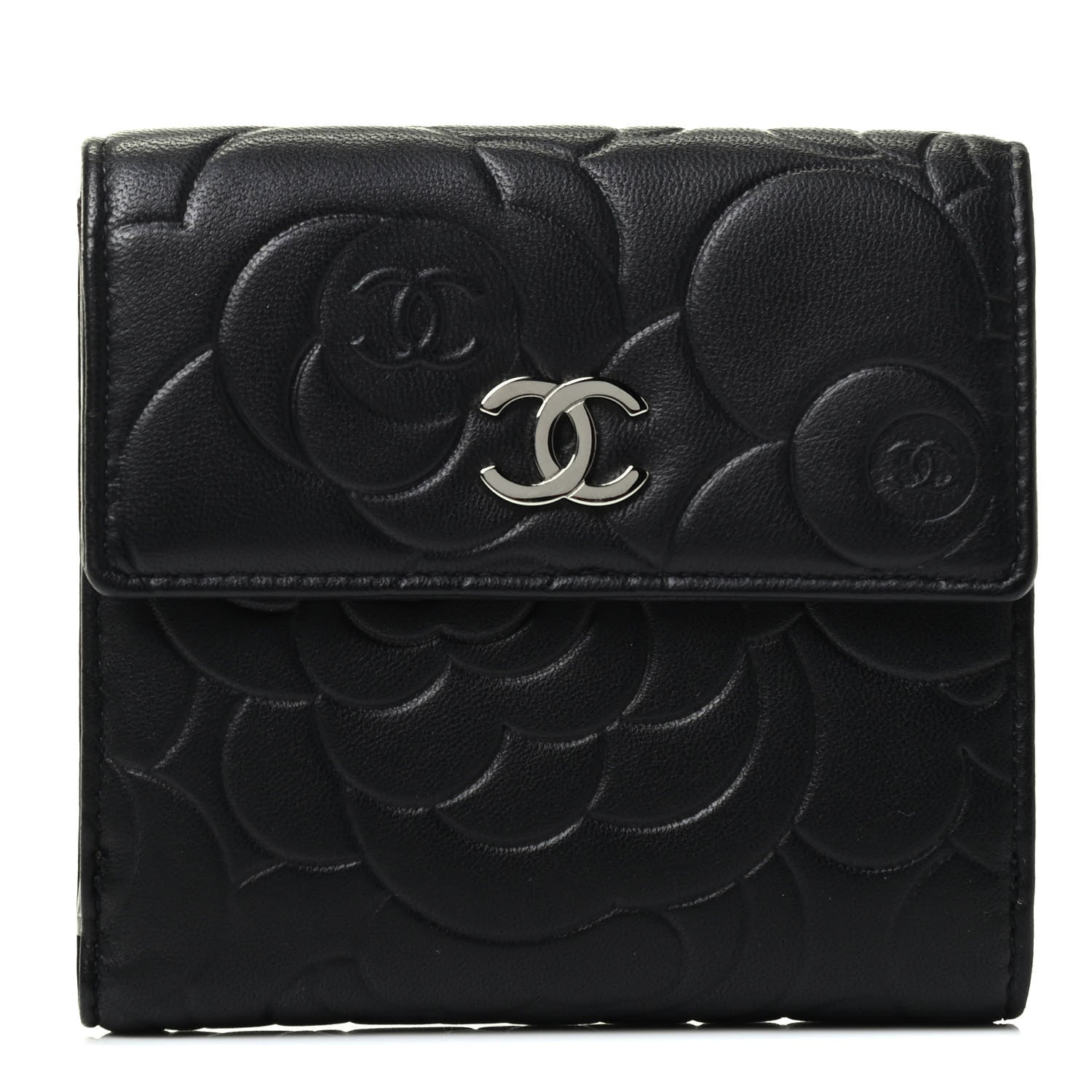 Chanel Lambskin Camellia Embossed Small Double Wallet Black 1 of 4