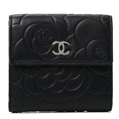 Chanel Lambskin Camellia Embossed Small Double Wallet Black 1 of 4