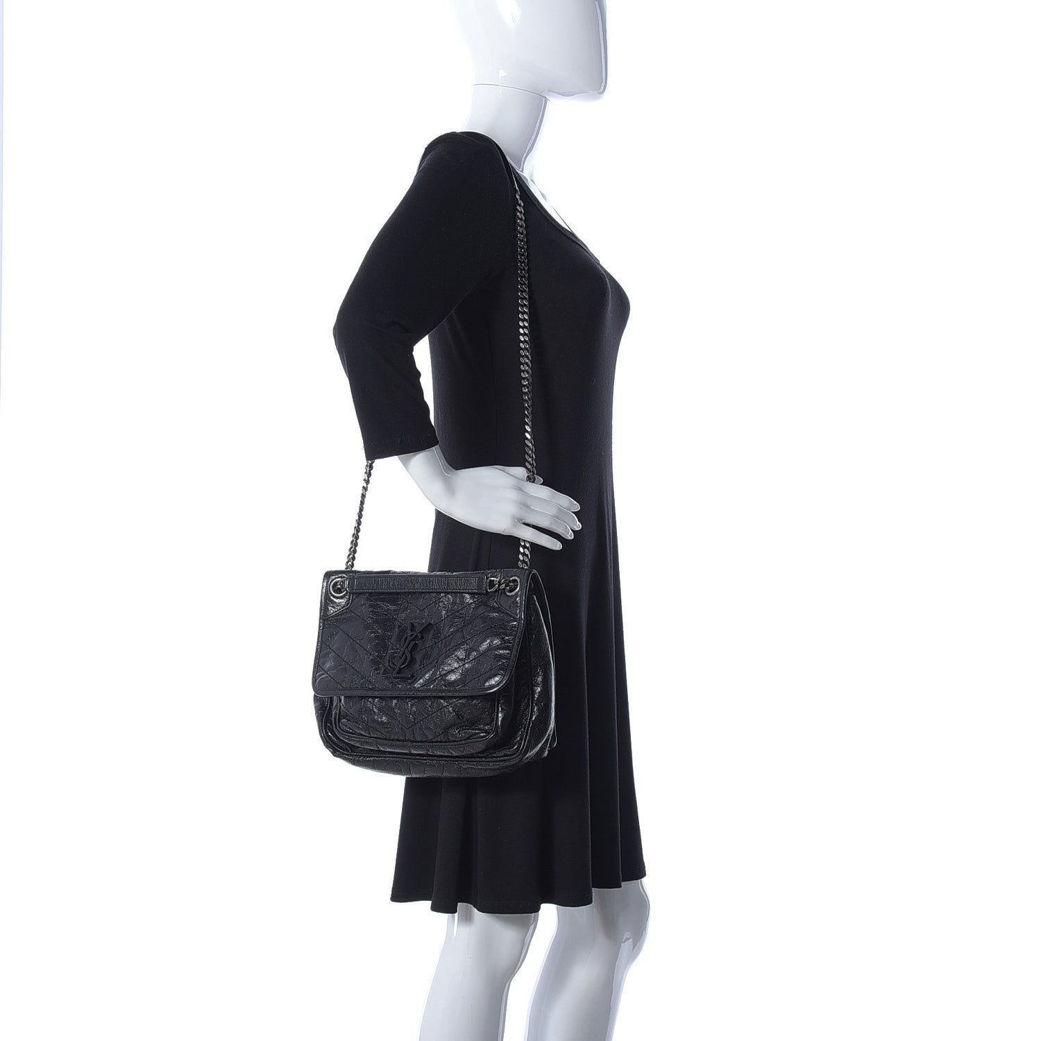 Saint Laurent Crinkled Calfskin Matelasse Monogram Medium Niki Chain Satchel Black 2 of 17