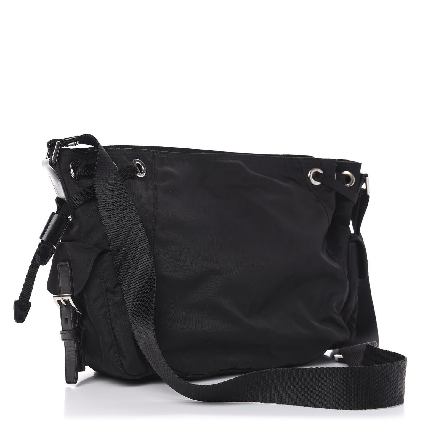 Tessuto Nylon Soft Calfskin Drawstring Shoulder Bag Black