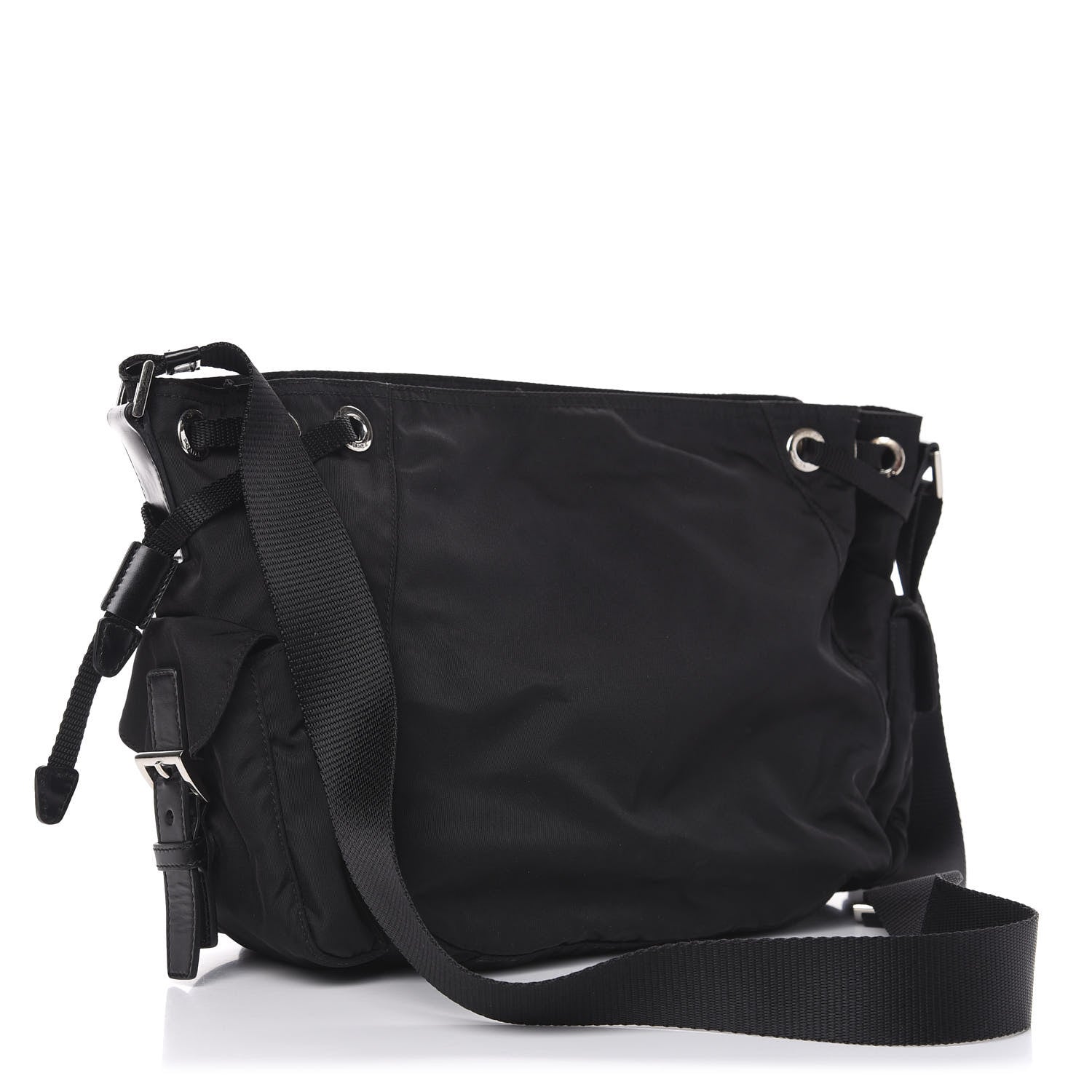 Prada Tessuto Nylon Soft Calfskin Drawstring Shoulder Bag Black 2 of 9