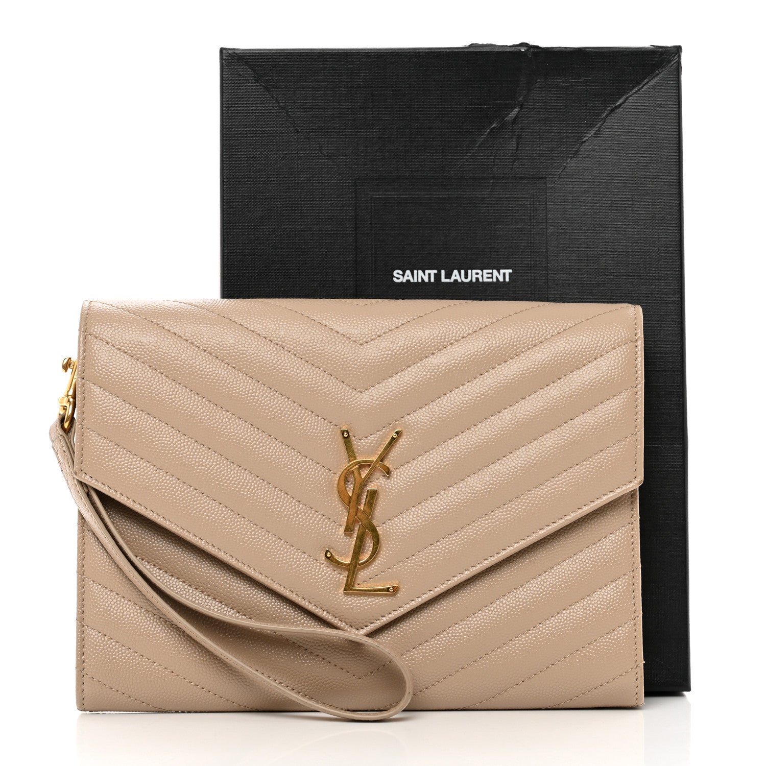 Saint Laurent Grain De Poudre Matelasse Chevron Monogram Envelope Clutch Dark Beige 9 of 9