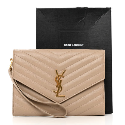 Saint Laurent Grain De Poudre Matelasse Chevron Monogram Envelope Clutch Dark Beige 9 of 9