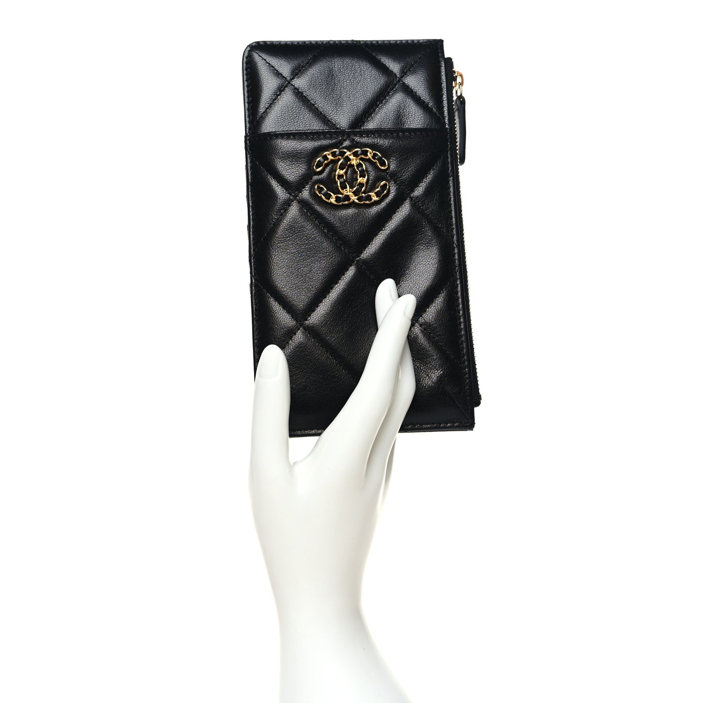 Goatskin Quilted Chanel 19 Phone and Card Holder Black