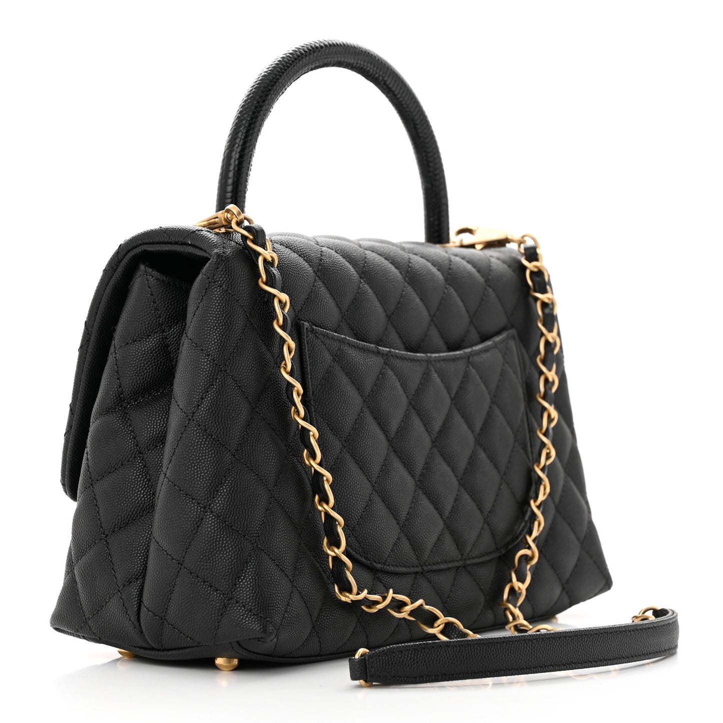 Caviar Lizard Embossed Quilted Small Coco Handle Flap Black