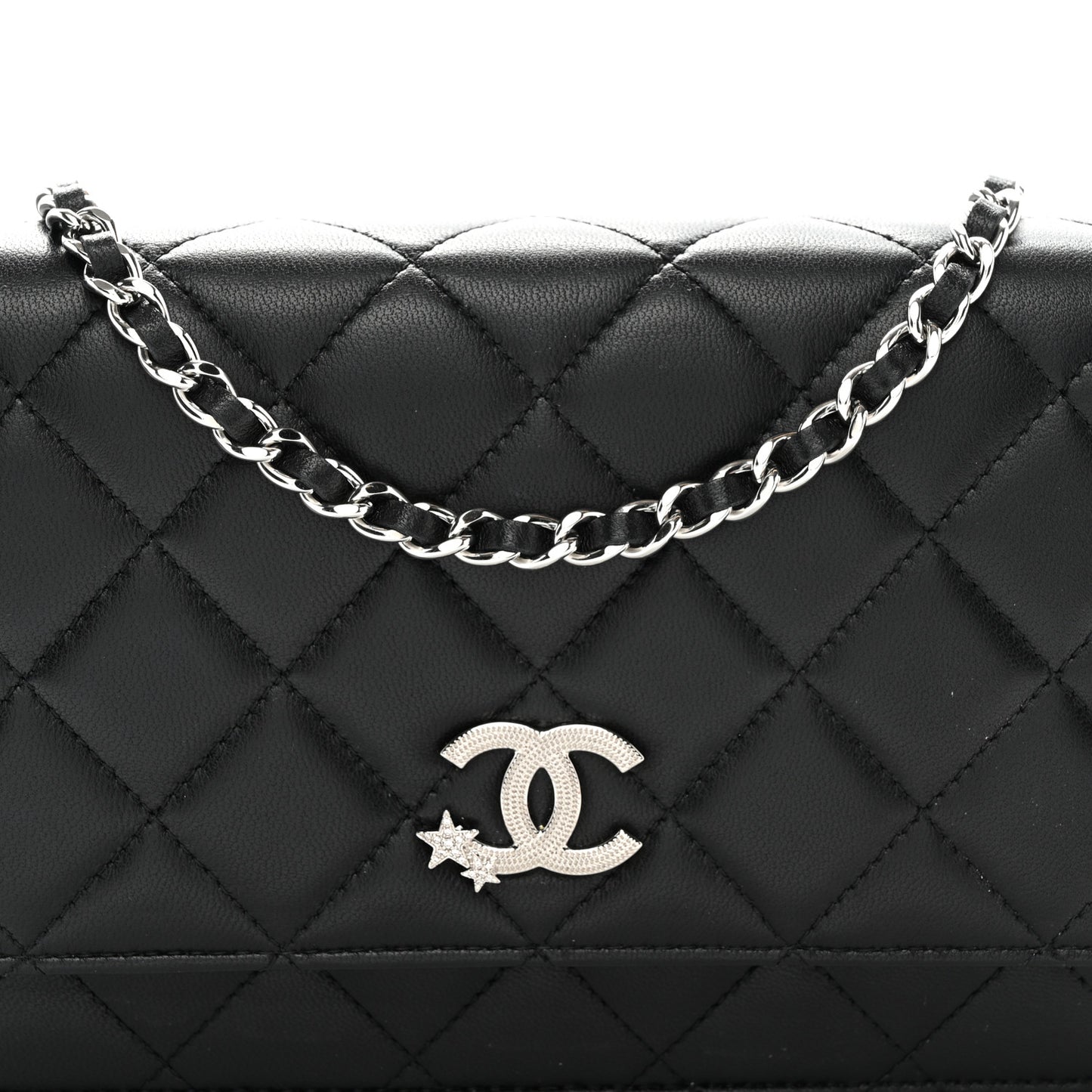 Lambskin Quilted Crystal Star Wallet On Chain Black